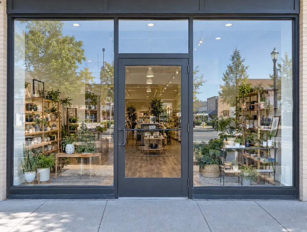Storefront glass after cleaning, spotless glass