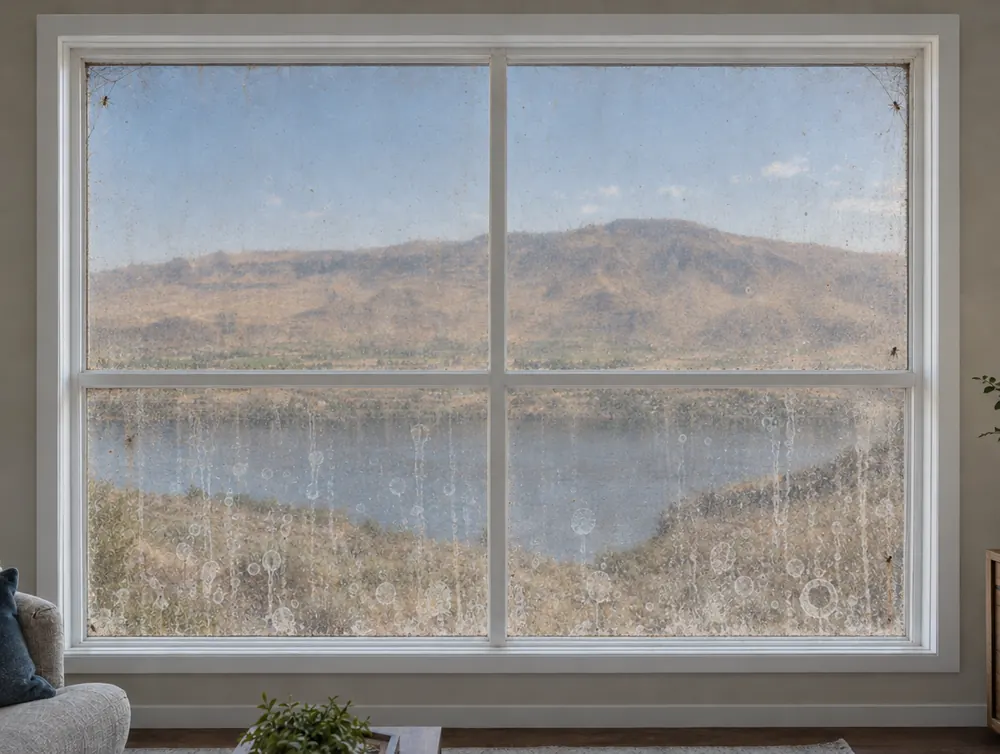 Living room picture window before cleaning, hard-water spots