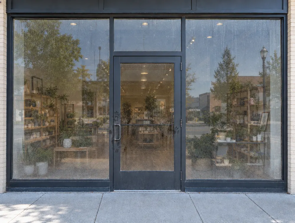 Storefront glass before cleaning, handprints and road film