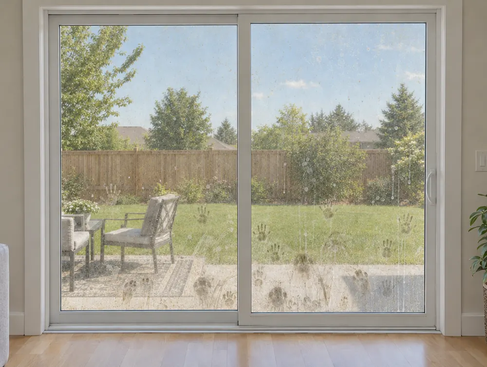 Sliding patio door before cleaning, dog nose prints and pollen