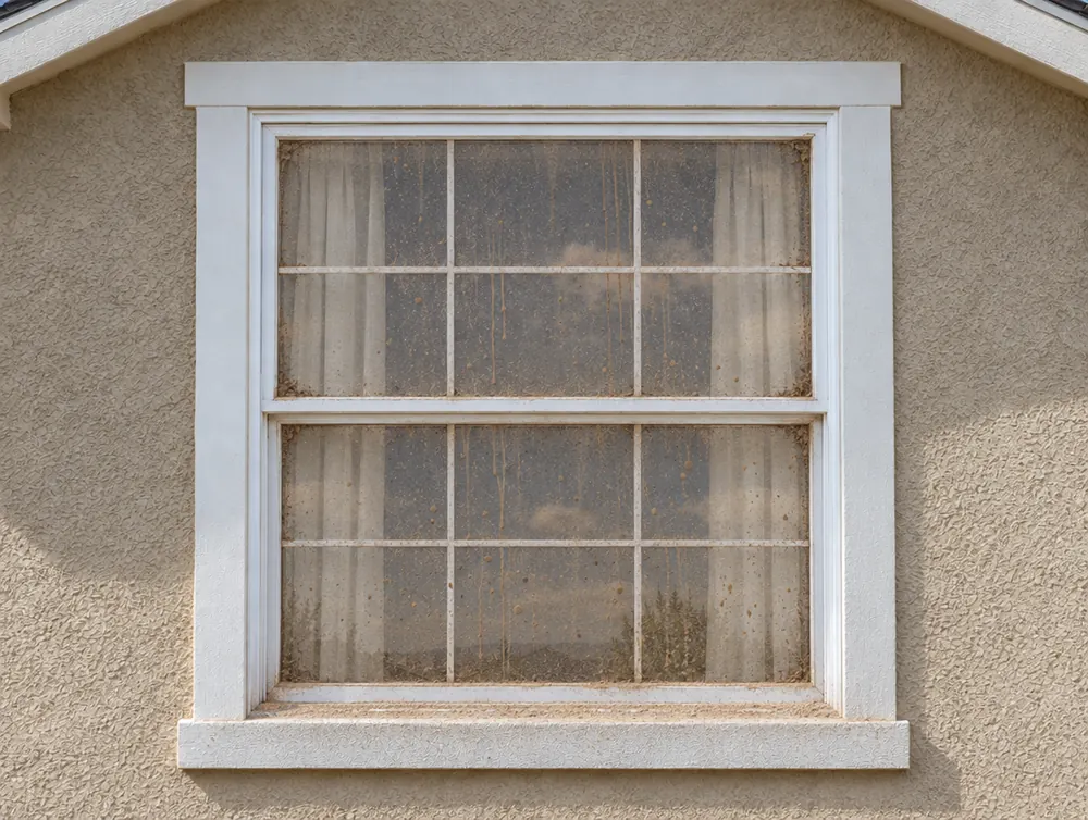 Upstairs bedroom window before cleaning, dust-storm grime
